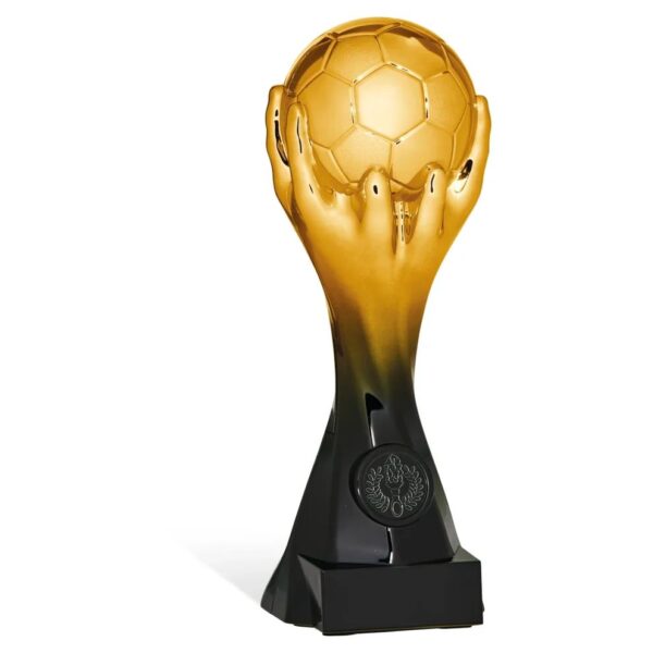 Trofeo calcio Galaxy-7B 23 cm mani che reggono un pallone nero oro